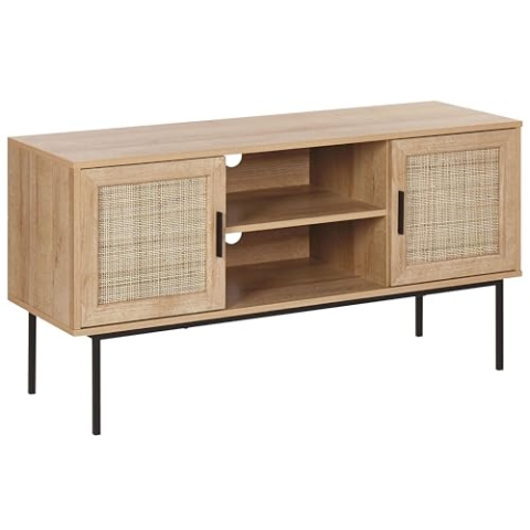 Beliani TV-Möbel Heller Holzfarbton Rattan-Türen offenes Fach Schwarze Metallbeine Pasco