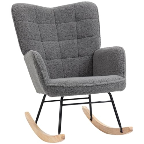 HOMCOM Schaukelstuhl, Schaukelsessel mit Berbervliesoptik, Armlehne, Gepolsterter Sessel mit Holzkufen, Relaxsessel für Wohnzimmer, Schlafzimmer, bis 120kg belastbar, Dunkelgrau