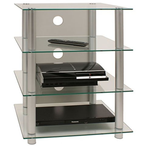 VCM HiFi Möbel | Rack Schrank Phono Regal | Alusäulen Glasböden | Maße H. 70 x B. 59 x T. 49 cm | Phono Mediaregal - Blados Klarglas