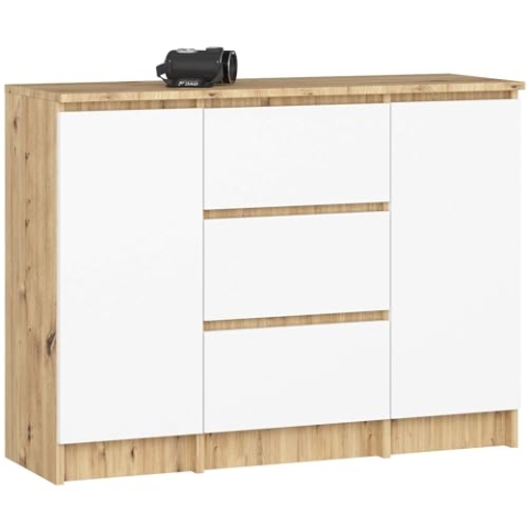 AKORD Kommode K100 mit 3 Schubladen, Schrank mit 2 Tür 4 Regalböden, Für das Wohnzimmer Schlafzimmer, Moderne, 16mm Laminierte Platte, B101xH76xT35 cm, Farbe Artisan-Eiche & Weiß