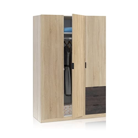 Habitdesign LC0323F Kleiderschrank mit DREI Türen und DREI Schubladen, Maße: 121 cm (L) x 180 cm (H) x 52 cm (T), kanadische Eiche, Oxid