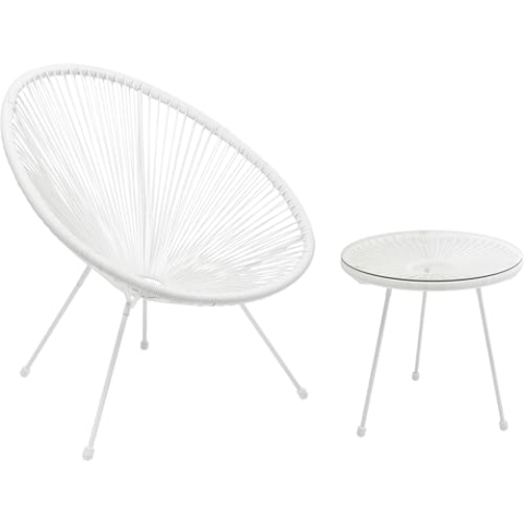 Kare Design Gartenmöbel Set Acapulco Mono, 2er Set, Weiß, Indoor und Outdoor Sitzgruppe im Retro-Design, Sessel mit Beistelltisch, Lounge-Möbel für Balkon, Garten, Terrasse, Weißes Stahlgestell, Glas