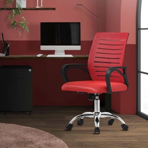 ML-Design Bürostuhl ergonomisch, Rot, Höhenverstellbarer Schreibtischstuhl mit Armlehnen, Computerstuhl mit atmungsaktiver Netzbespannung, Wippfunktion, 360° Drehstuhl mit Rollen, Gaming Stuhl