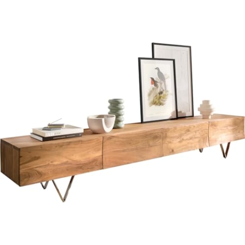 DELIFE TV-Board Wyatt Akazie Natur 220 cm 4 Schübe V-Fuß Edelstahl