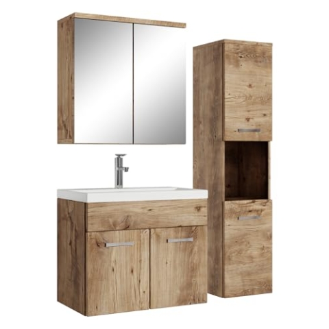 Badplaats B.V. Badezimmer Badmöbel Set Montreal mit Spiegelschrank 60cm Waschbecken Eiche Kastanie - Unterschrank Hochschrank Waschtisch Möbel