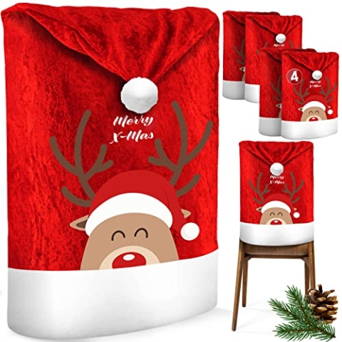 KESSER® Premium Weihnachtsstuhlüberzug 4er Set Stuhlhussen für Weihnachten Nikolausmütze Stuhlbezug Husse Weihnachtsdeko für Stühle Überzieher - Stuhlabdeckung im weihnachtlichen Design