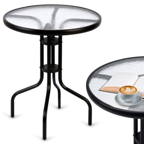 Sofotel Gartentisch Balkontisch Rund Stahl Pulverbeschichtet Glas Gehärtet Metall Schwarz