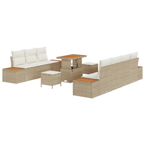vidaXL 10-teiliges Garten-Sofa-Set mit Kissen Beige Poly Rattan Akazie, 3-teiliges Garten-ESS-Set mit Kissen Beige Poly Rattan Akazie