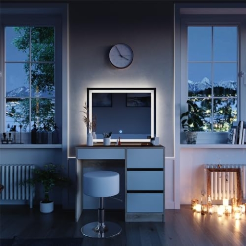 Vicco Schminktisch Sherry, Sonoma, 90 cm mit LED-Spiegel und Hocker