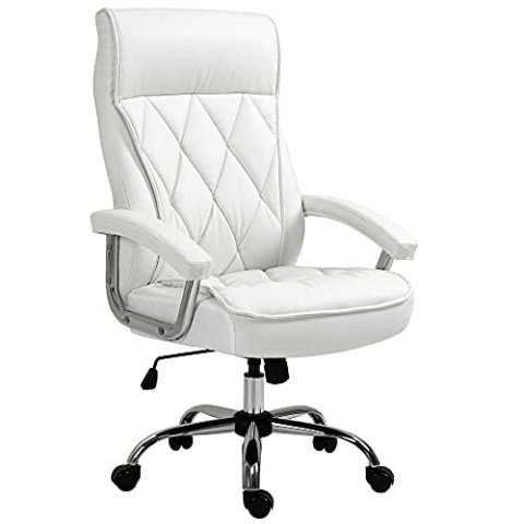Vinsetto Bürostuhl, ergonomischer Schreibtischstuhl, höhenverstellbarer Drehstuhl mit Wippfunktion, Rautenmuster, Kunstleder, gepolsterter Chefsessel, Weiß