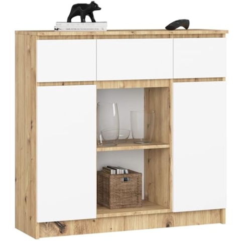 AKORD Kommode K100 mit 3 Schubladen, Schrank mit 2 Tür 6 Regalböden, Für das Wohnzimmer Schlafzimmer, Moderne, 16mm Laminierte Platte, B101xH98xT35 cm, Farbe Artisan-Eiche & Weiß