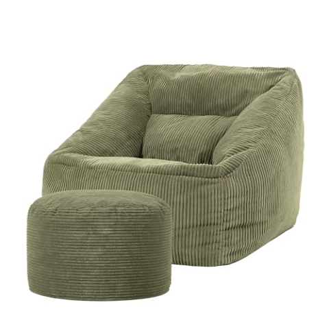 Icon Natalia Sitzsack Sessel mit Hocker für Erwachsene, Salbeigrün, Flauschiger Cord Stoff, Riesen Sitzsack Cord mit Füllung, Bean Bag Chair, Bequemer Sessel Wohnzimmer, Lounge, Schlafzimmer, Büro