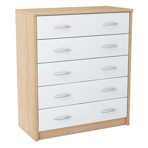 MATKAM Schuhschrank 5S in moderner Optik, B 74 x H 85 x T 35 cm, laminierte Möbelplatte 16 mm, mit Rückwand, 5 ausklappbare Schuhablagen, Jede mit Zwei Griffen zum Aufmachen (Sonoma Eiche – Weiß)