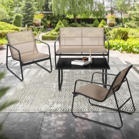 ML-Design Gartenmöbel Set 4-TLG, Taupe, Balkonmöbel aus Stahl & Textilene für 4 Personen, Garten Sitzgruppe mit Glastisch, Sofa und 2 Sesseln, wetterfest, Gartengarnitur Outdoor für Balkon, Terrasse