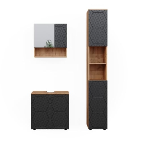Vicco Badmöbel-Set Irma, Goldkraft Eiche/Anthrazit, 3 Teile, mit Hochschrank