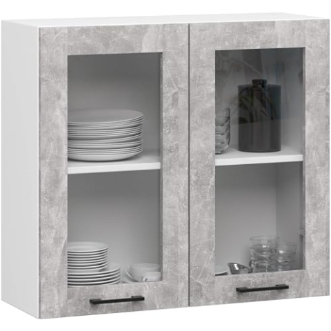 AKORD OLIWIA 80 cm Hängeglasschrank 2 Regalböden & 2 Türen | Hängeschrank Einbauküche Küchenzeile Küchenmöbel Oberschrank Küchenschrank B80xH72xT30,5 cm | Weiß & Beton
