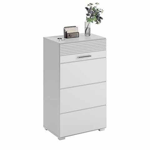 xonox.home Garderobe Linus Schuhkommode Schuhschrank Kommode Highboard Stauraumschrank in Front weiß Hochglanz Korpus weiß, ca.37x55x96 cm