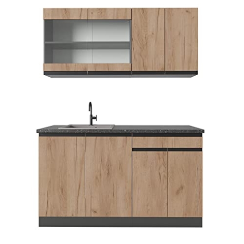Vicco Singleküche R-Line, Küchenzeile Single, Goldkraft Eiche/Anthrazit, 140 cm J-Shape