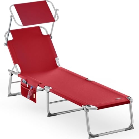 Casaria® Sonnenliege Klappbar Wetterfest Gartenliege Mit Dach 150kg Belastbar Seitentasche Tragegriff Alu Liegestuhl Leicht Klappliege Camping Rot