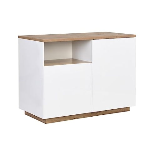 Vente-unique-Kücheninsel mit 2 Türen & 1 Ablagefach aus MDF - Holzfarben & Weiß - CORELINA