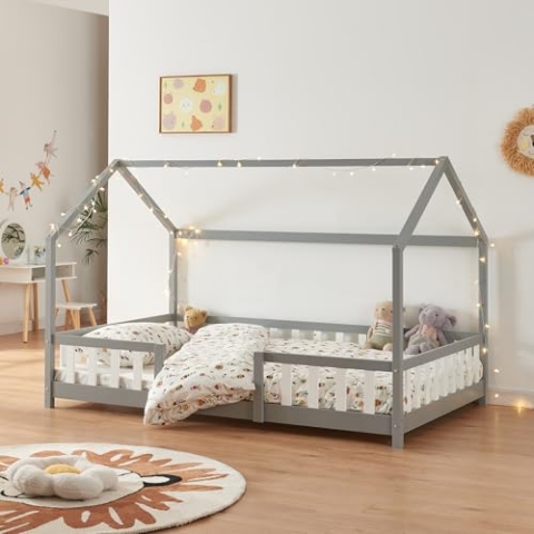 [en.casa] Kinderbett Sisimiut Hausbett 120 x 200 cm mit Rausfallschutz Holzbett für Kinder Bodenbett Lattenrost Kiefernholz Hellgrau/Weiß