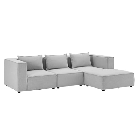 Juskys modulares Sofa Domas L - Couch für Wohnzimmer - 3 Sitzer - Ottomane, Armlehnen & Kissen - Ecksofa Eckcouch Ecke - Garnitur Stoff Hellgrau