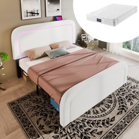okwish Polsterbett Doppelbett 140 x 200 cm mit USB-Ladeanschluss und LED-Beleuchtung, Funktionelles Bett mit Höhenverstellbarem Kopfteil(Mit Matratze)- Weiß