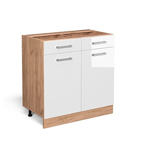 Vicco Küchenunterschrank R-Line, Weiß Hochglanz/Goldkraft Eiche, 80 cm ohne Arbeitsplatte