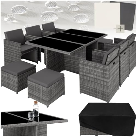 tectake Polyrattan Gartenmöbel Set, Sitzgruppe mit 6 Stühle +1 Glasplatte Tisch + 4 Hocker, Gartenlounge Set klappbar, für bis zu 10 Personen, Balkon Möbel, inkl. 2 Bezugsset - grau