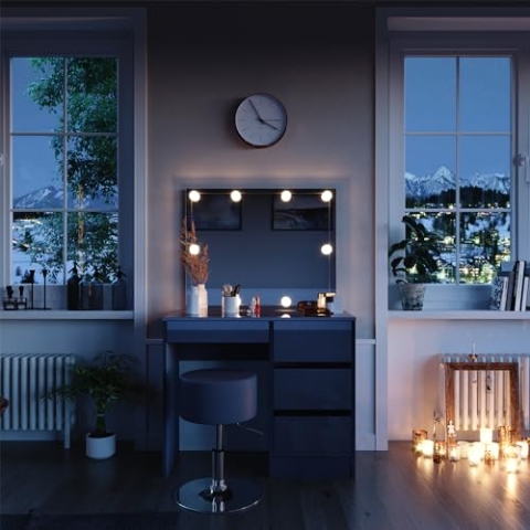 Vicco Schminktisch Sherry, Anthrazit Hochglanz, 90 cm mit LED Beleuchtung und Hocker