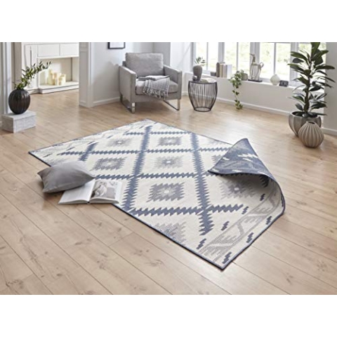 NORTHRUGS In- und Outdoor Teppich Malibu 160x230cm - Wendeteppich Wetterfest Modern Geometrisches Muster Läufer für Balkon Terrasse Garten Wintergarten Wohnzimmerteppich Wasserfest in Blau Creme