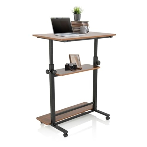 hjh OFFICE Stehpult höhenverstellbar Workstation II 80x50 cm Mobiler Computertisch mit Rollen, Laptoptisch, Schwarz/Walnuss 830070