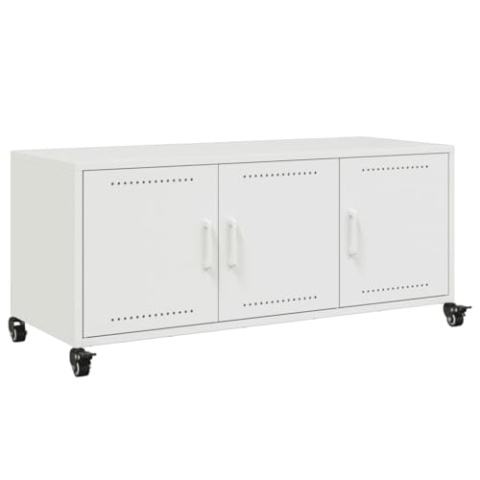 vidaXL TV Schrank, Lowboard für Fernseher, Fernsehtisch mit Rollen Stauraum, TV Möbel Fernsehschrank für Wohnzimmer, Weiß Kaltgewalzter Stahl