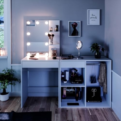 Vicco Schminktisch Isabelle, Weiß, 140 cm mit LED Beleuchtung und Schrank