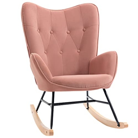 HOMCOM Schaukelstuhl mit Stahlrahmen gepolstert Relax Stuhl Sessel Stuhl Wohnzimmersessel Lounge mit gepolsterter Sitzfläche samtartiges Polyester Gummiholz Metall Rosa+Natur 65 x 70 x 96 cm