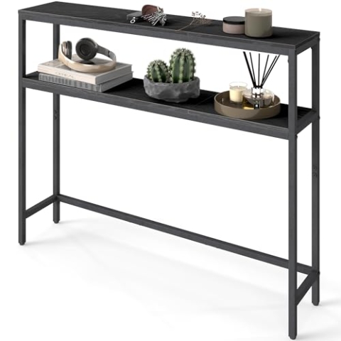 VASAGLE Konsolentisch, schmaler Sofatisch mit 2 Ablagen, 20 x 100 x 80 cm, Flurtisch, 2 Ebenen, für Flur, Wohnzimmer, Schlafzimmer, anthrazitgrau-tintenschwarz LNT131B22