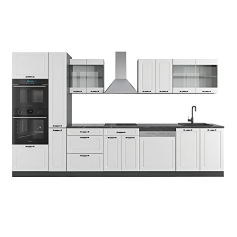 Vicco Küchenzeile R-Line, Weiß Landhaus/Anthrazit, 350 cm mit Hochschrank, ohne Arbeitsplatte