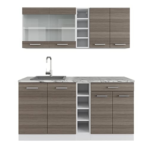 Vicco Singleküche R-Line, Küchenzeile Single, Edelgrau/Weiß, 160 cm, AP Marmor