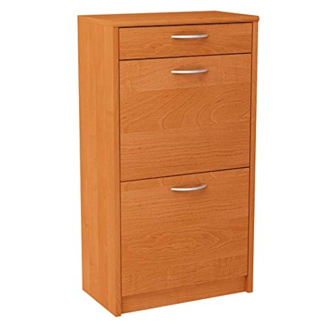 MATKAM Schuhschrank 2D1S in moderner Optik, B 50 x H 92 x T 28 cm, laminierte Möbelplatte 16 mm, mit Rückwand, 2 ausklappbare Schuhablagen, 1 Schublade für zusätzlichen Stauraum (Erle)