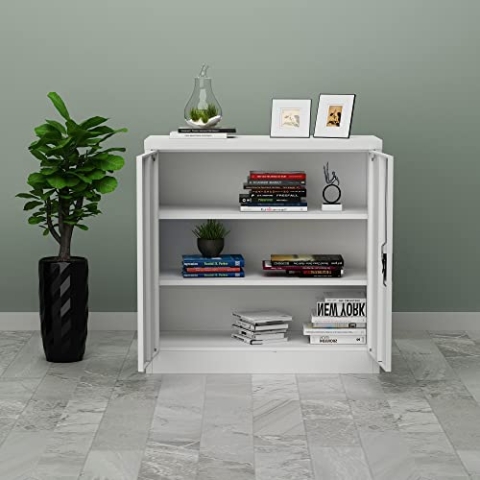 [en.casa] Aktenschrank Molise 90 x 40 x 90 cm Büroschrank mit 2 Türen Stahlschrank mit 2 höhenverstellbaren Einlegeböden Metallschrank abschließbar Stahl Lichtgrau