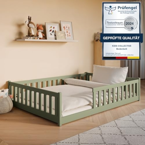 Kids Collective Kinderbett Bodenbett 140x200 cm mit Rausfallschutz & Lattenrost Montessori Bett Bed Gitterbett Kinder Jugendbett Einzelbett | Olivgrün weitere Größen 80x160 | 90x200 | 120x200 cm
