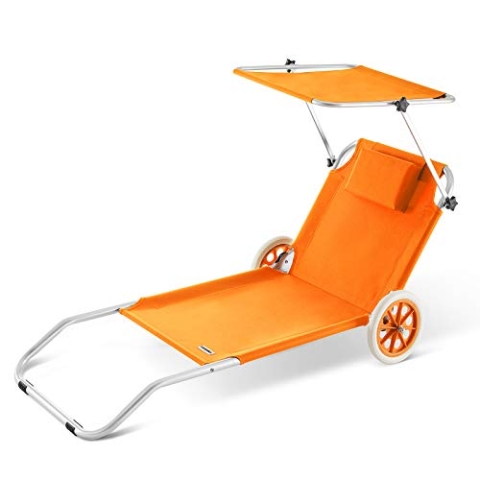 Casaria® Sonnenliege Klappbar mit Dach Strandliege mit Rollen Tasche Outdoor Klappliege Liegestuhl Abnehmbarer Sonnenschutz Liegestuhl 115kg Orange