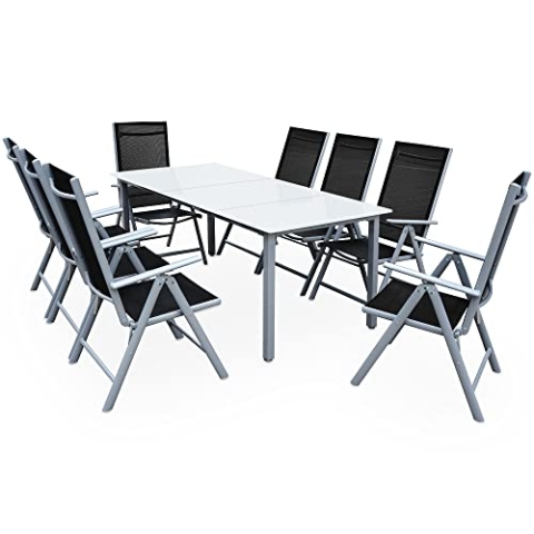 Casaria® Gartenmöbel Set 8 Stühle mit Tisch 190x90cm Aluminium Sicherheitsglas Wetterfest Klappbar Modern Terrasse Balkon Möbel Sitzgruppe Garnitur Bern