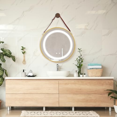 pro.tec LED-Badspiegel Picerno Wandspiegel mit Beleuchtung Warmweiß Neutral Kaltweiß runder Lichtspiegel Ø50cm mit Aufhänge-Gurt Touch, Antibeschlag, Memory-Funktion dimmbar Gold