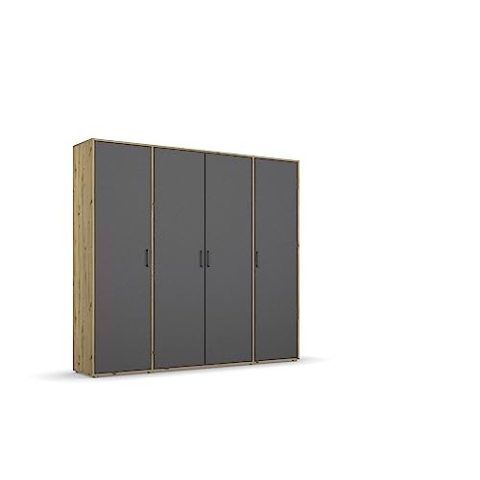 Rauch Möbel Voyager Schrank Kleiderschrank Drehtürenschrank, Grau metallic/Eiche Artisan, Holz, Schwarz, 4-türig, inkl. 1 Kleiderstange, 7 Einlegeböden BxHxT 187x194x53 cm