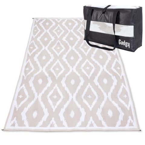 Gadgy Outdoor Teppich Wetterfest - Stylischer Balkon Teppich Wasserfest und UV-Beständig - Wendbarer Outdoorteppich Garten - Schwarz Kunststoff Picknickdecke inkl. Tragetasche
