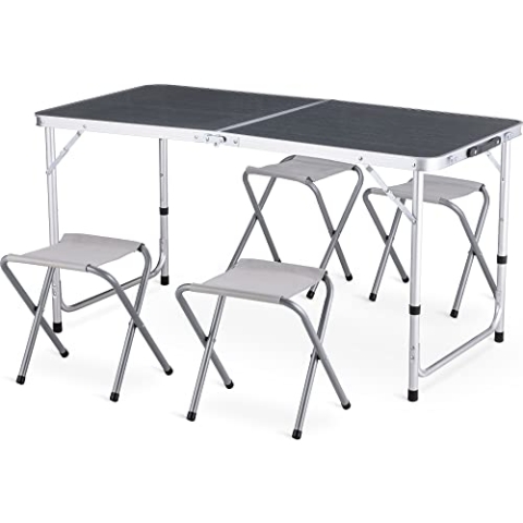 Outtec Campingtisch mit 4 stühlen, Höhe Tragbarer Klappbar Grilltisch 120 x 60 cm Tragegriff, Aluminium Klapptisch Klappbaren Hockern für Camping, Picknick, Grillen, Garten (Grau)