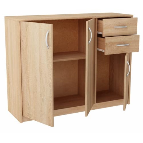 MATKAM Kommode 3D2S, B110 x H85 x T35 cm, Sideboard mit 2 Schubladen und 2 Fächer mit Türen, ideal für Büro, Diele, Wohnzimmer, Jugend- oder Kinderzimmer (Sonoma Eiche)