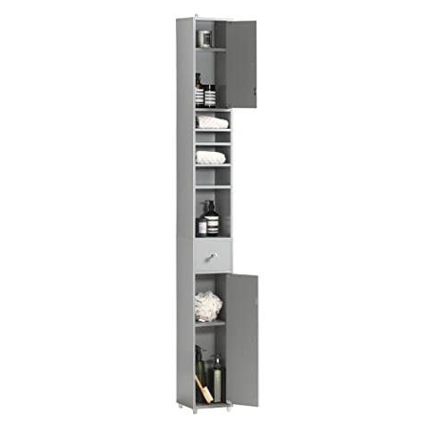 SoBuy Bad Hochschrank mit Verstellbare Ablagen Badschrank Badzimmerschrank schmal platzsparender Badregal Badmöbel Badezimmer Hellgrau BHT ca. 20x180x20cm BZR34-HG