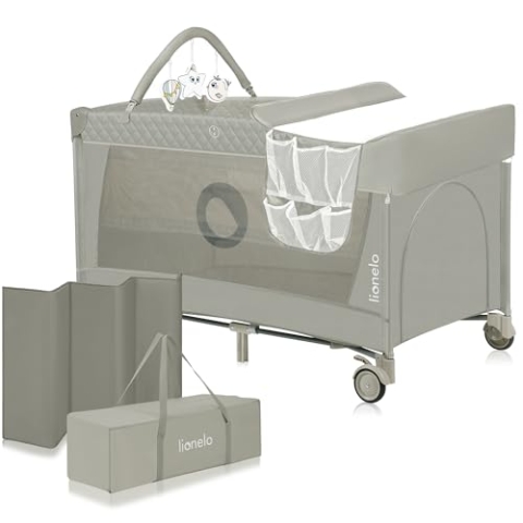 Lionelo Flower 4in1 Reisebett Baby, Laufstall Baby mit Seiteneingang, Wickeltisch, Zwei Matratzenaufhängungshöhen, Spielzeugbogen mit Spielfiguren, Rollen, Tragetasche